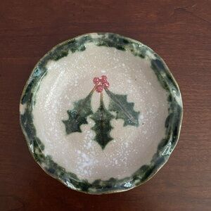 Handmade Holiday Scalloped Dish – Holly Berry Ceramic Accent Bowl